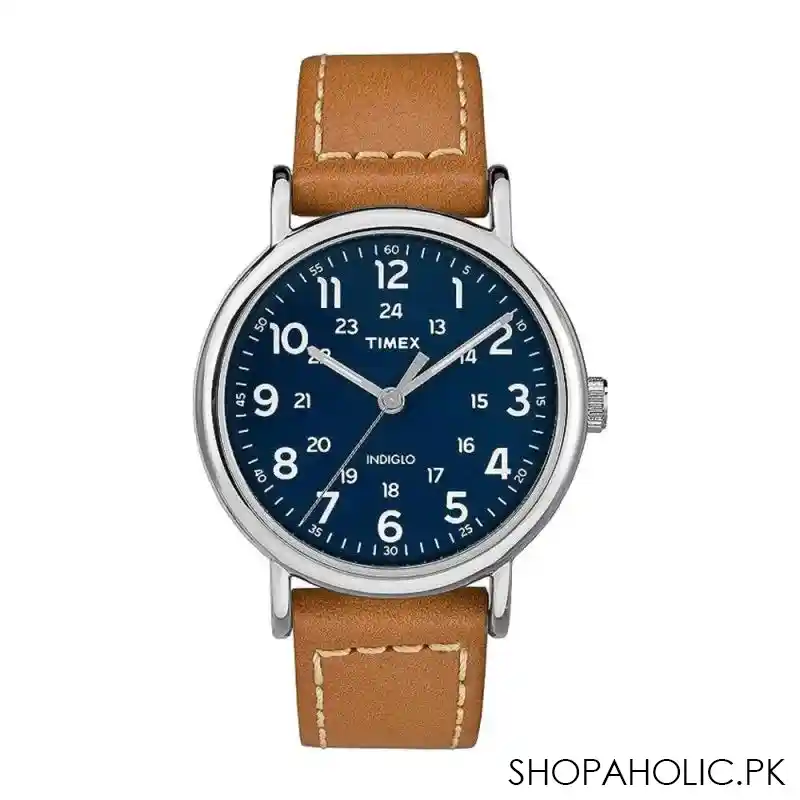 timex men's indiglo chrome round dial with navy blue dial & plain brown strap analog watch, tw2r42500 main image