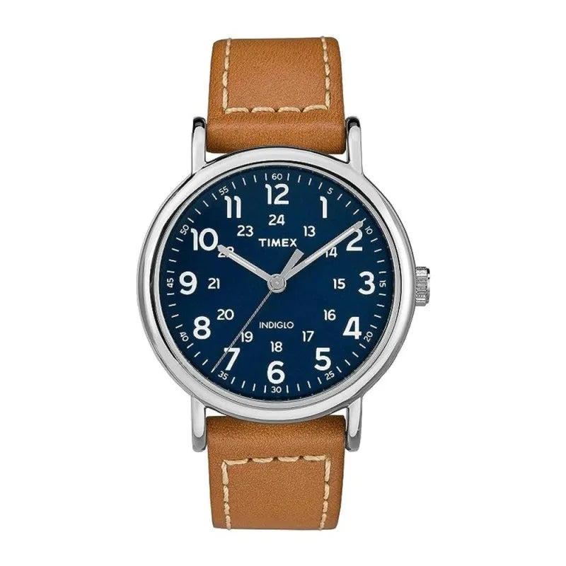 timex men's indiglo chrome round dial with navy blue dial & plain brown strap analog watch, tw2r42500 main image