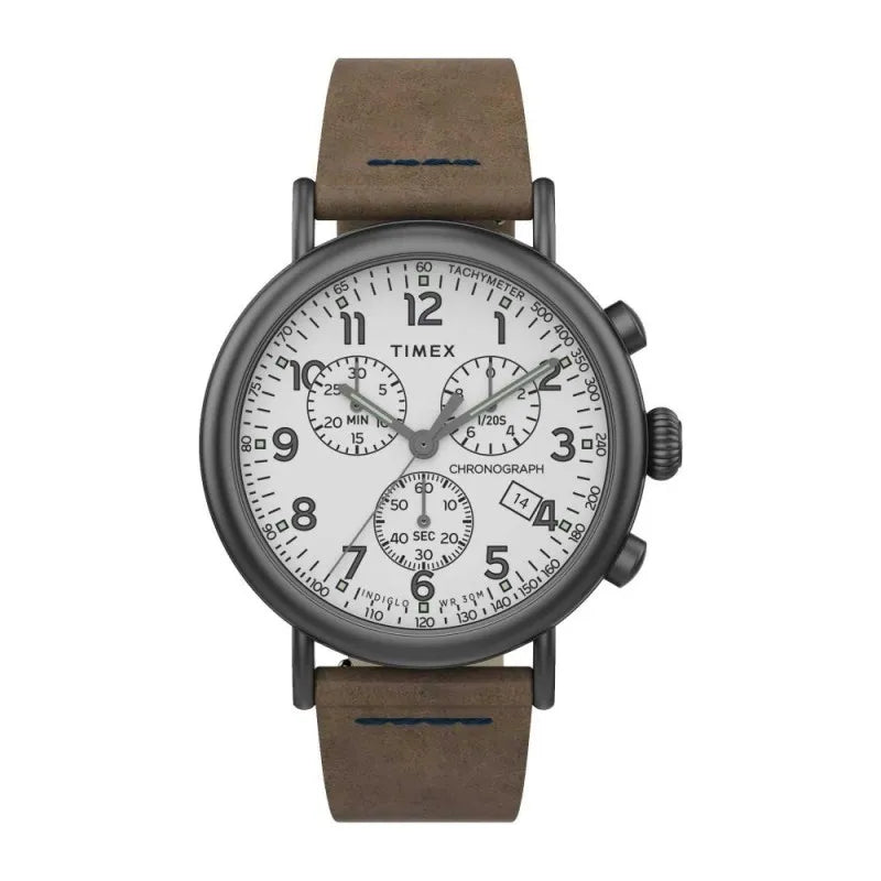 timex men's indiglo wr30m grey round dial with white background & plain brown strap chronograph watch, tw2t69000 main image