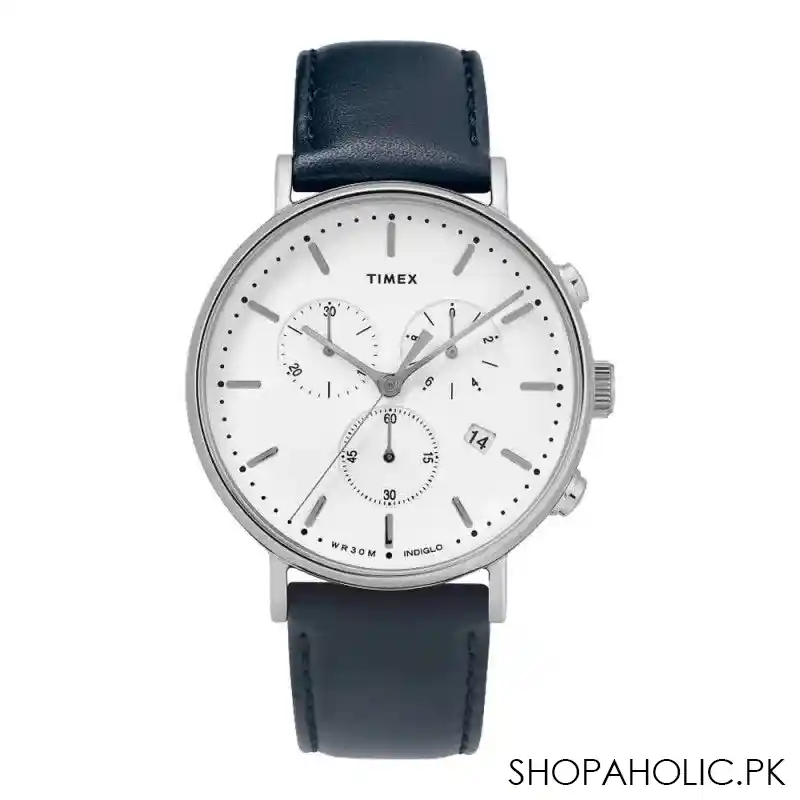 timex men's white round dial & plain navy blue strap chronograph watch, tw2t32500 main image