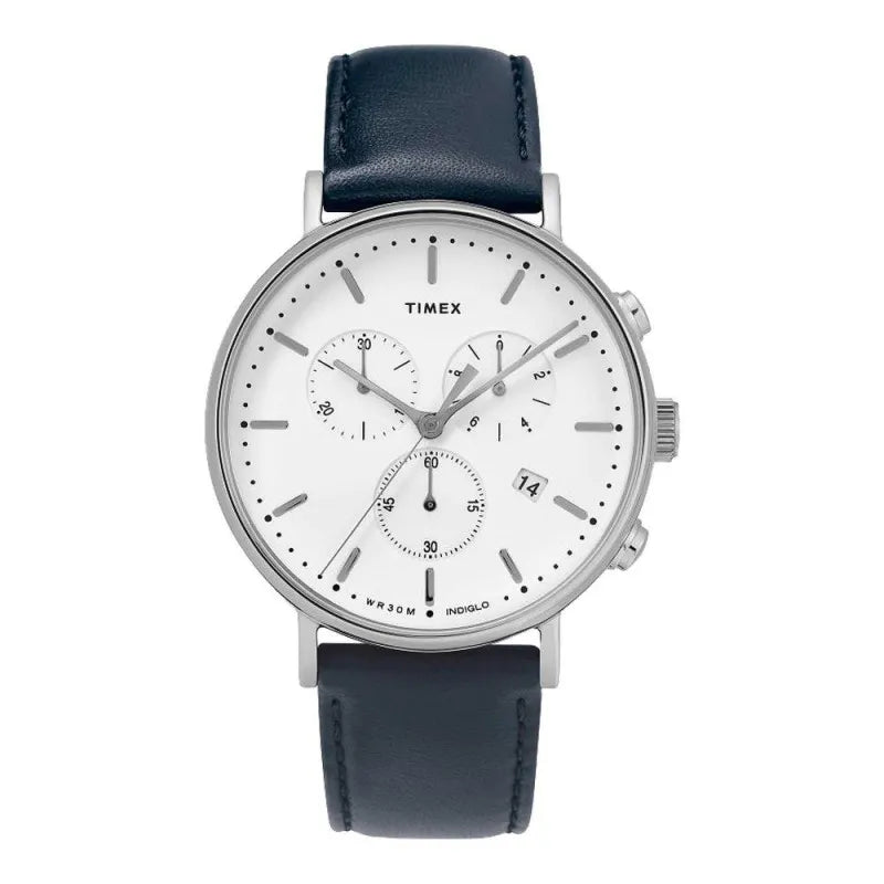 timex men's white round dial & plain navy blue strap chronograph watch, tw2t32500 main image