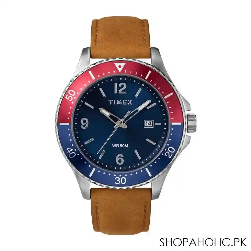 timex men's wr50m red & blue round dial with plain brown strap analog watch, tw2u29200 main image