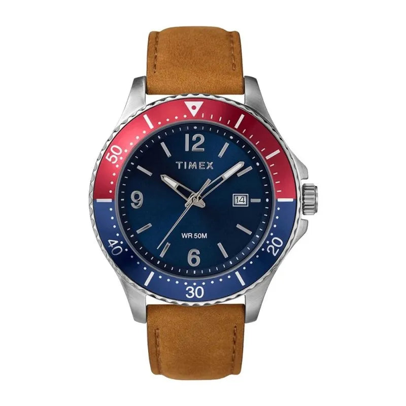 timex men's wr50m red & blue round dial with plain brown strap analog watch, tw2u29200 main image