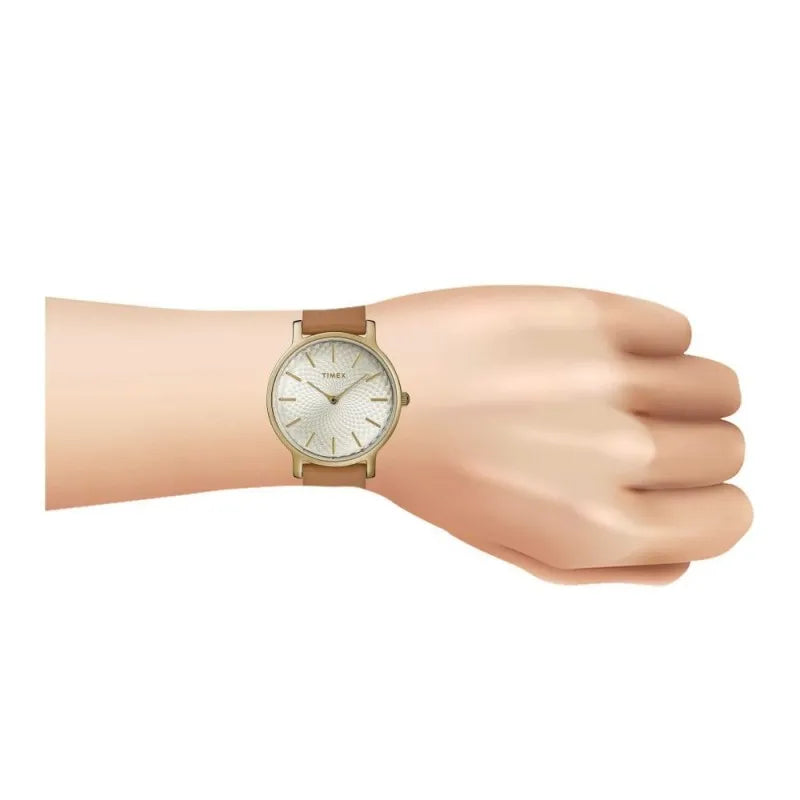 timex women's designed round dial with plain sand brown strap analog watch, tw2r91800 image2