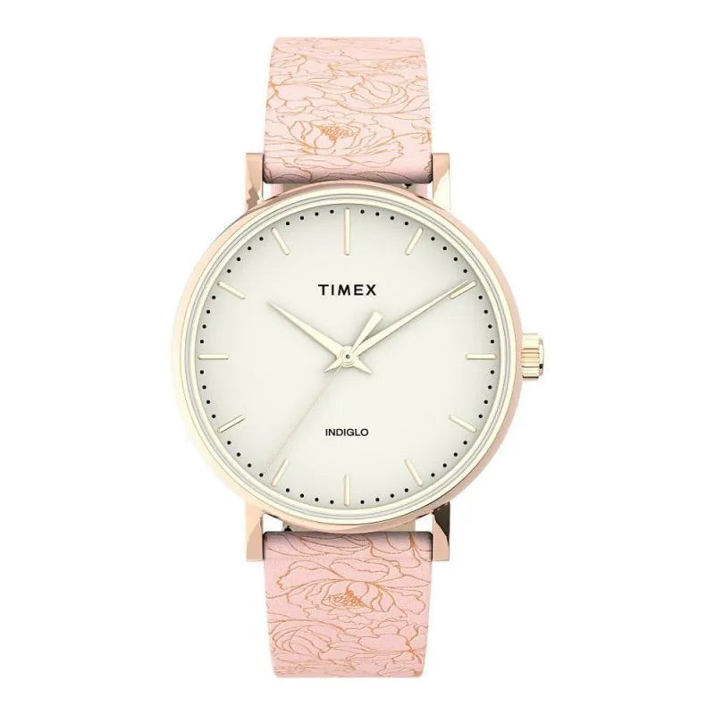 timex women's fairfield floral 37mm leather strap watch, tw2u40500 main image