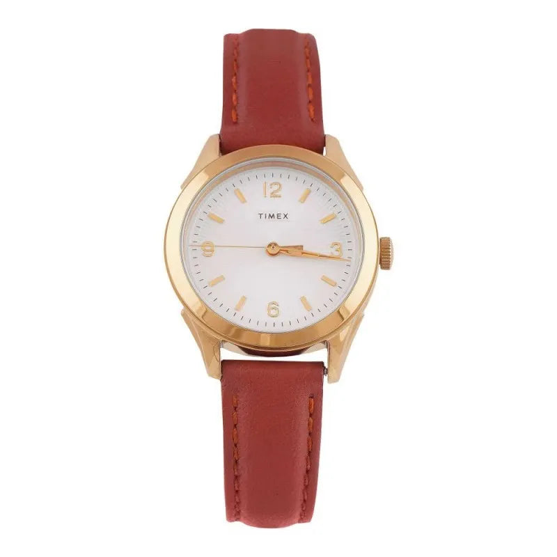 timex women's golden round dial with plain red strap analog watch, tw2r91100 main image