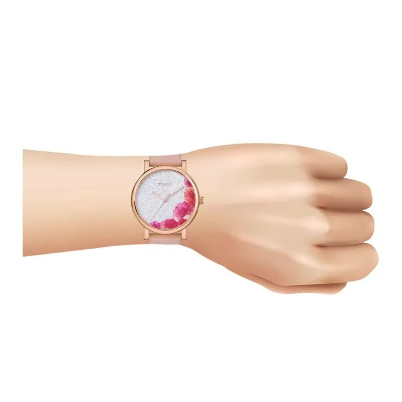 timex women's rose pink floral round dial & light pink plain strap analog watch, tw2u18500 image2