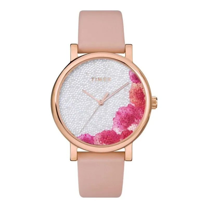 timex women's rose pink floral round dial & light pink plain strap analog watch, tw2u18500 main image