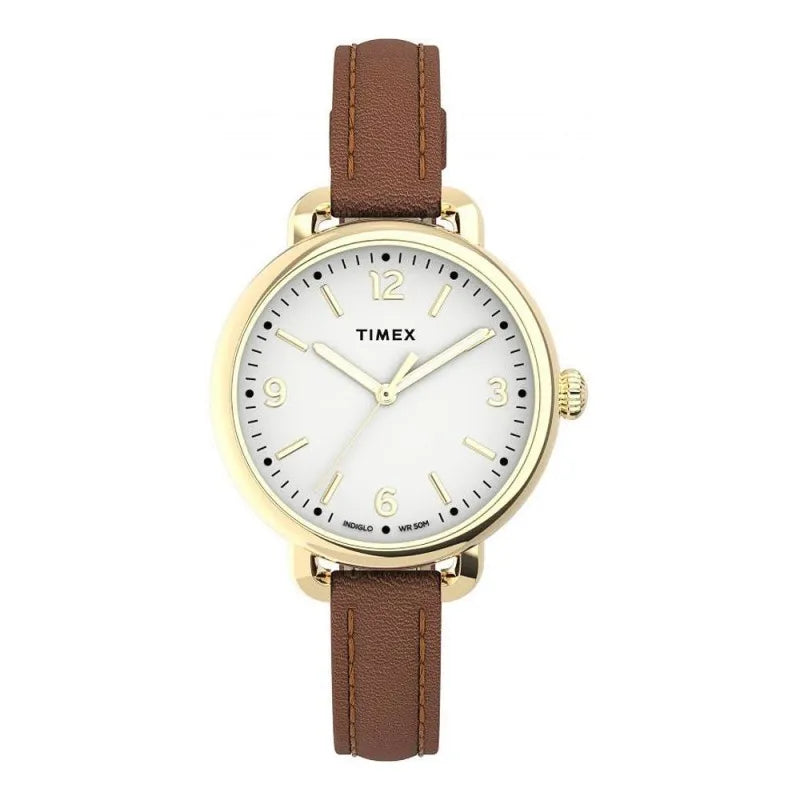 timex women's standard demi 30mm leather strap watch, golden tone, tw2u60000 main image