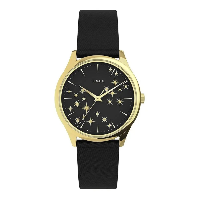 timex women's starstruck 32mm black leader strap watch, gold, tw2u57300 main image