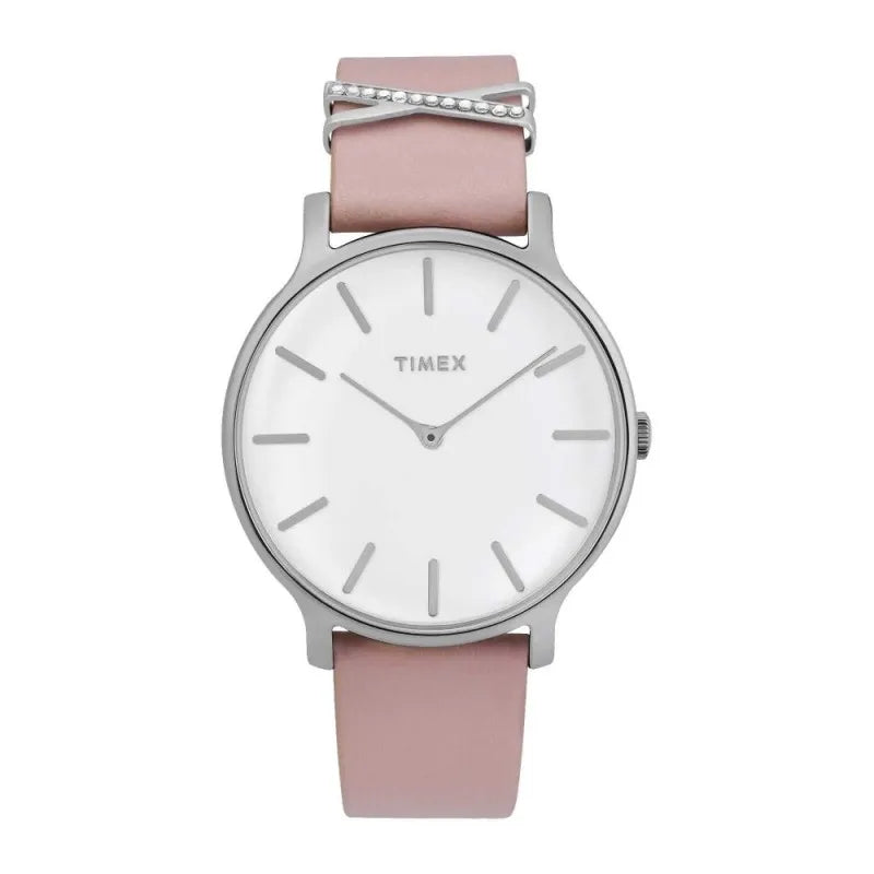 timex women's white round dial with chained light pink strap analog watch, tw2t47900 main image