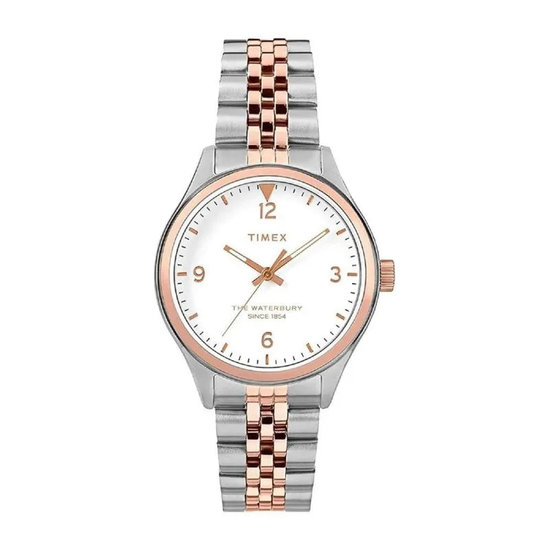 timex women's white round dial with two tone bracelet analog watch, tw2t49200 main image