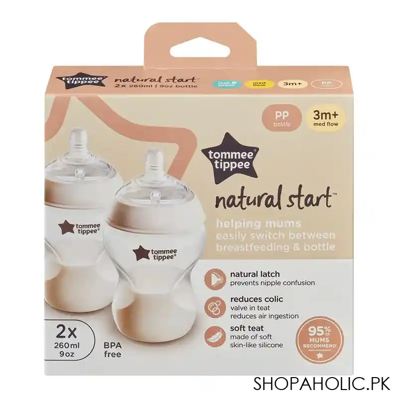 Tommee Tippee Natural Start PP Feeding Bottle, BPA Free, 260ml, For 3 Months +, Medium Flow, 2-Pack, 423907 - Image 2