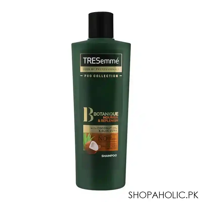 tresemme botanique nourish & replenish coconut oil & aloe vera shampoo, for smooth, shiny & visible healthy hair, 360ml main image