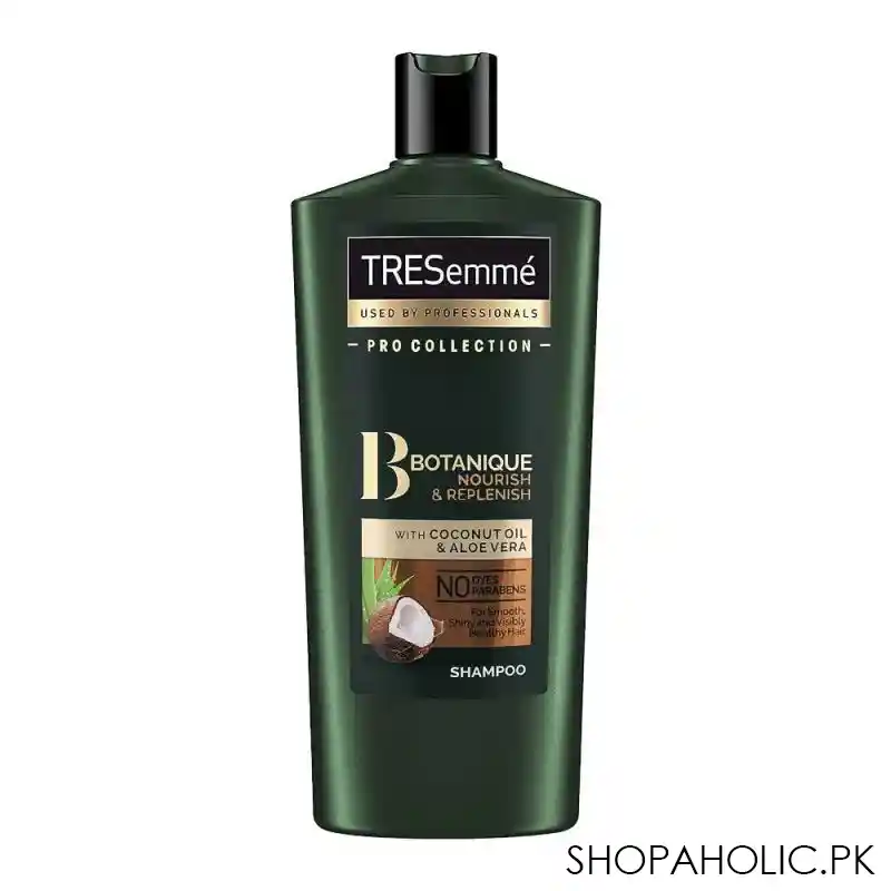 tresemme botanique nourish & replenish coconut oil & aloe vera shampoo, for smooth, shiny & visible healthy hair, 650ml main image