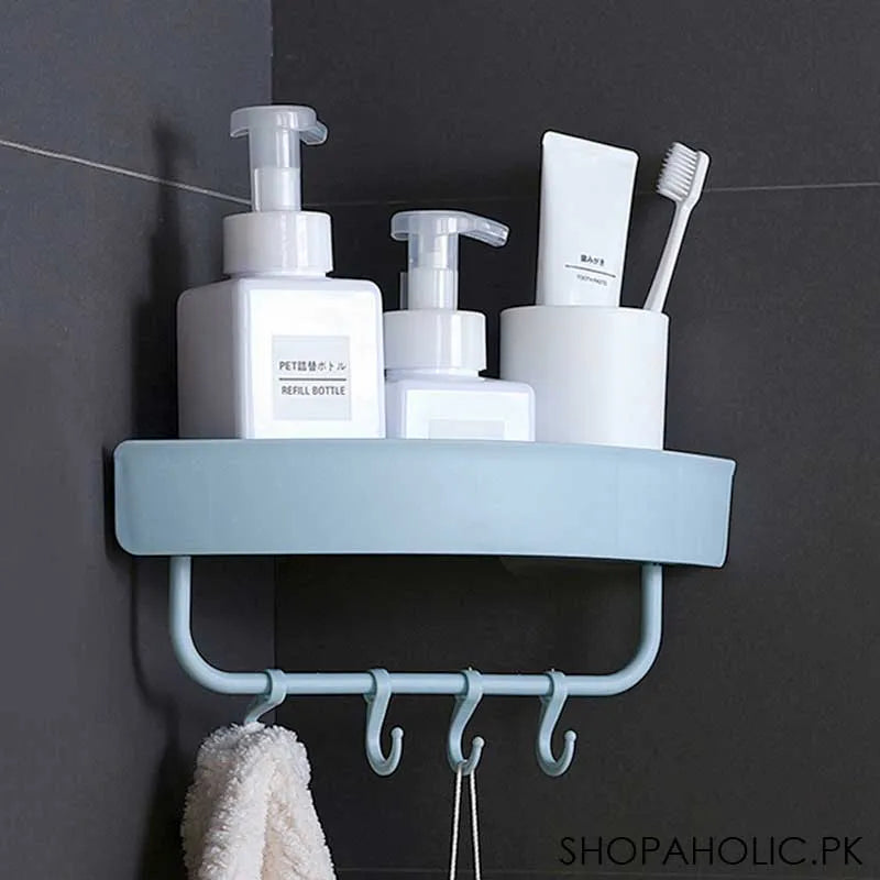 triangle wall mount storage rack with hooks for bathroom image2