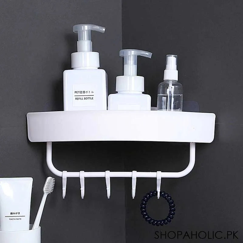 triangle wall mount storage rack with hooks for bathroom image3