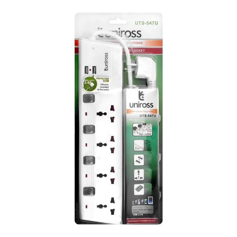 uniross 3m cable power extension board with 2 usb cable connectors, uts 547u main image