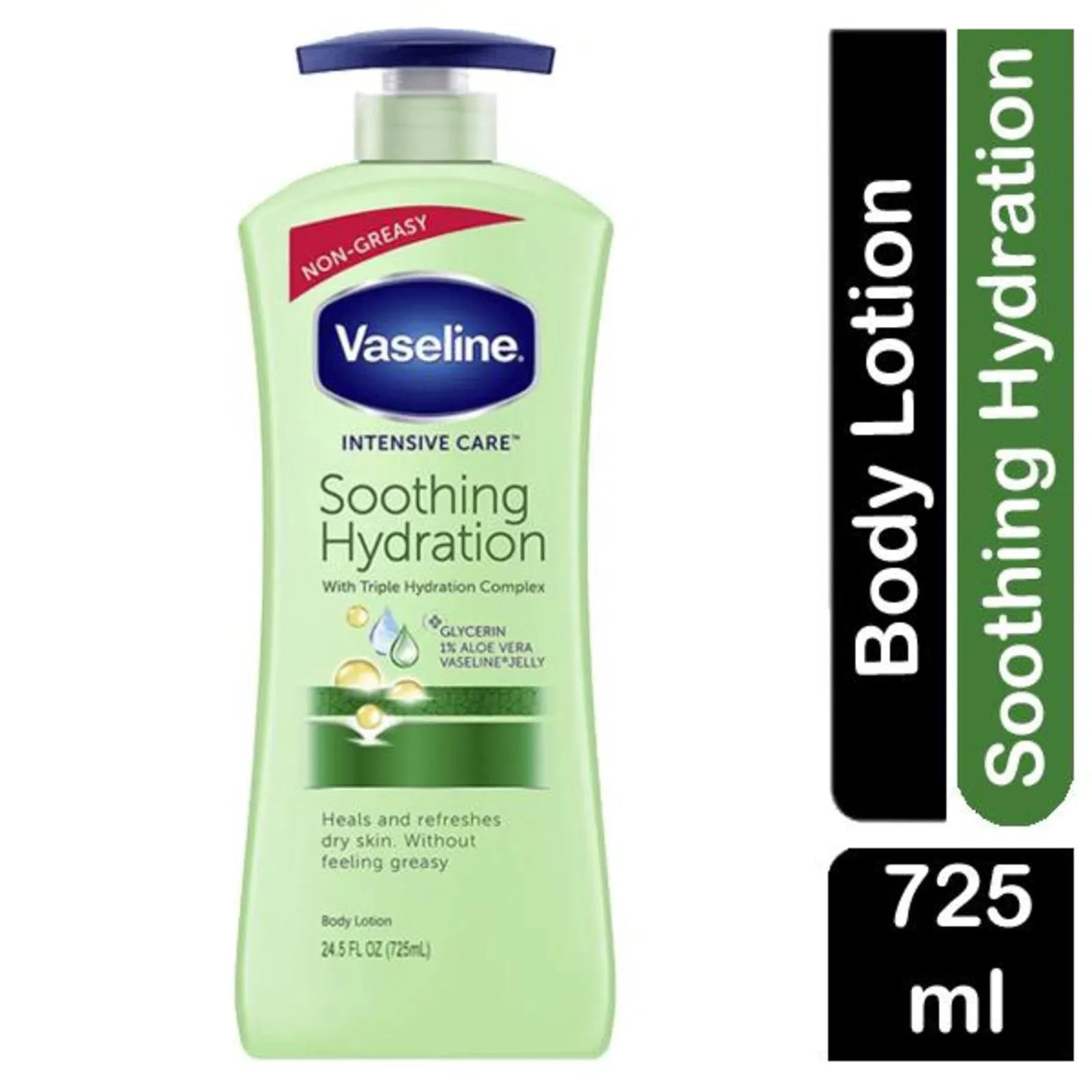 vaseline intensive care soothing hydration aloe vera non greasy body lotion pump, 725ml main image