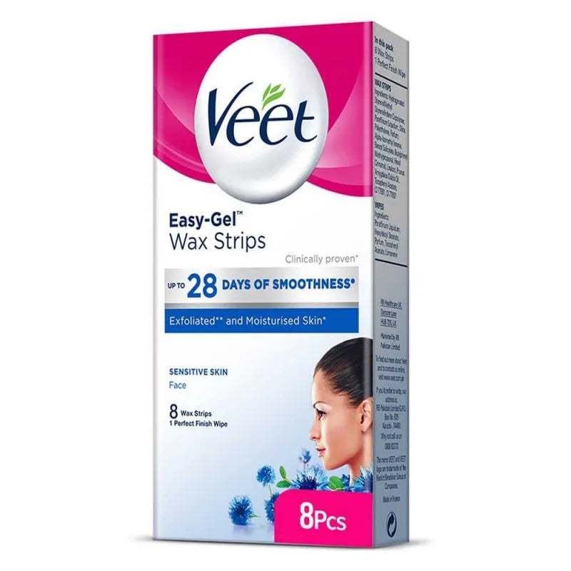 veet easy gel face wax strips, for sensitive skin, 8 pack main image