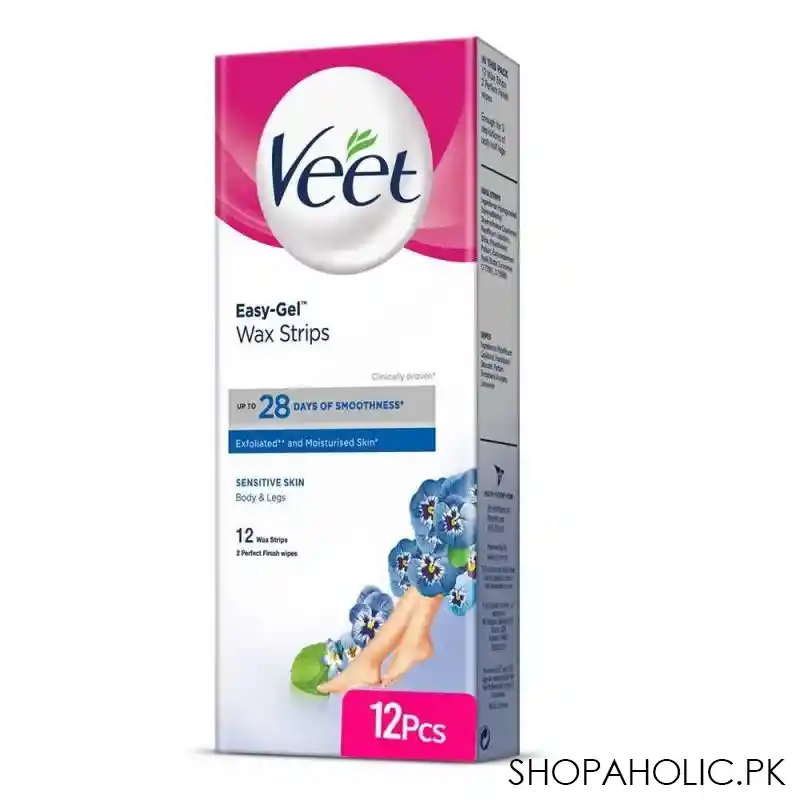 veet easy gelwax sensitive skin wax body & legs strips, almond oil and cornflower, 12 pack main image