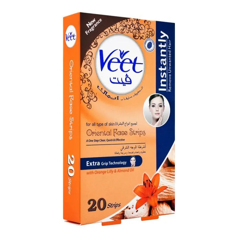 veet oriental face wax strips, orange lily & almond oil, all skin types, 20 pack main image