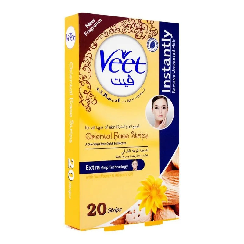 veet oriental face wax strips, sunflower & almond oil, all skin types, 20 pack main image