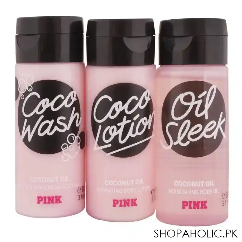 victoria secret pink coconut oil set lotion + body wash + oil sleek, 3x88ml main image