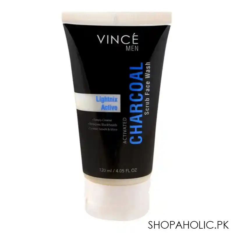 vince men activated charcoal lightnix active scrub face wash, paraben free, removes blackheads, 120ml main image