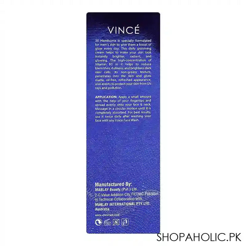 Vince Men's 3X Handsome Cream With Vitamin B3, Non-Greasy, Paraben-Free, Vegan, 50ml - Image 3