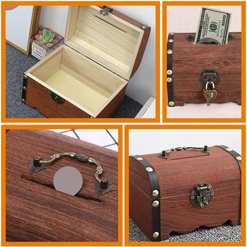 vintage wood money saving box with lock image2