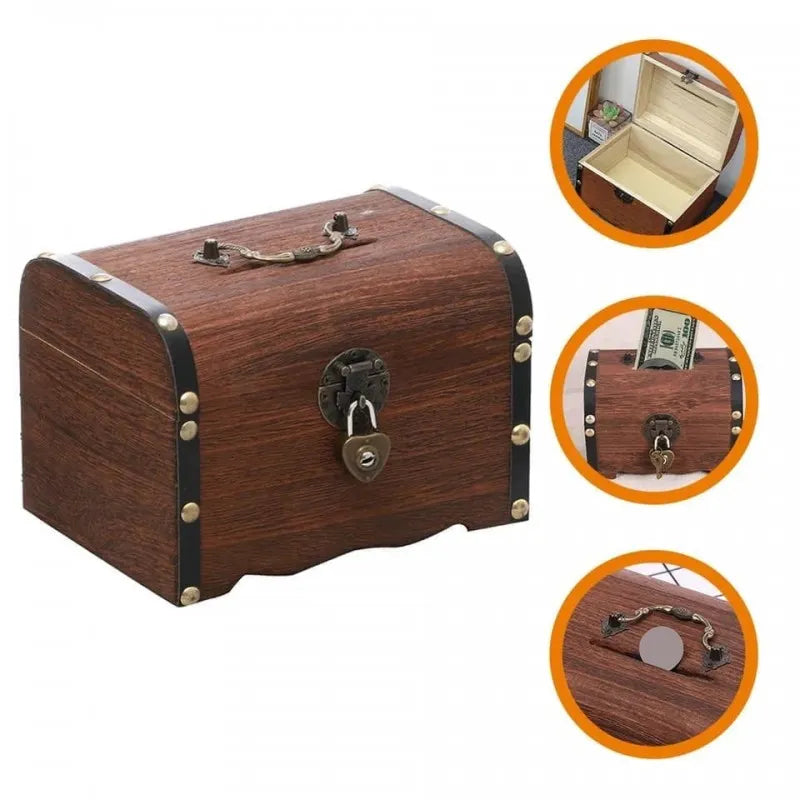 vintage wood money saving box with lock main image