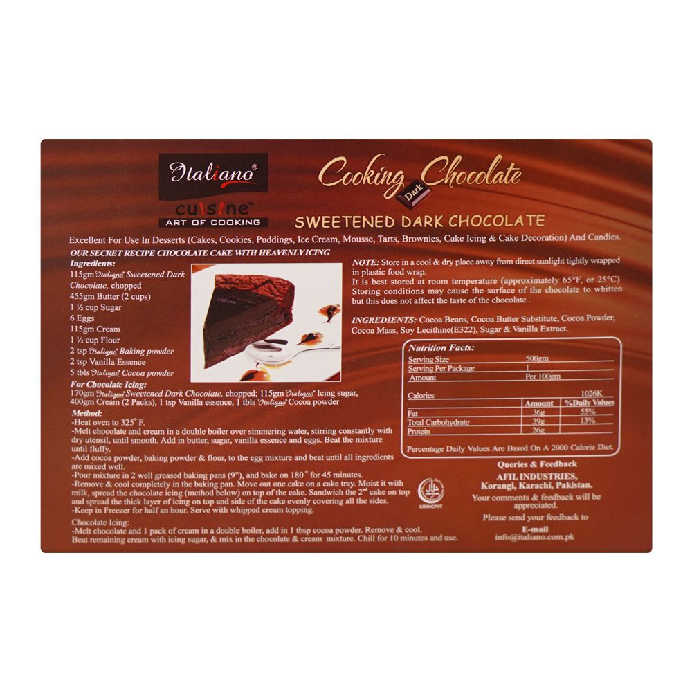 Italiano Cooking Chocolate, Sweetened Dark Chocolate, 500g - Image 2