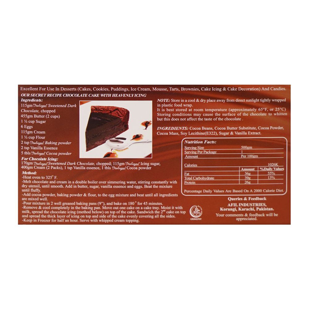 Italiano Cooking Chocolate, Sweetened Dark Chocolate, 500g - Image 5