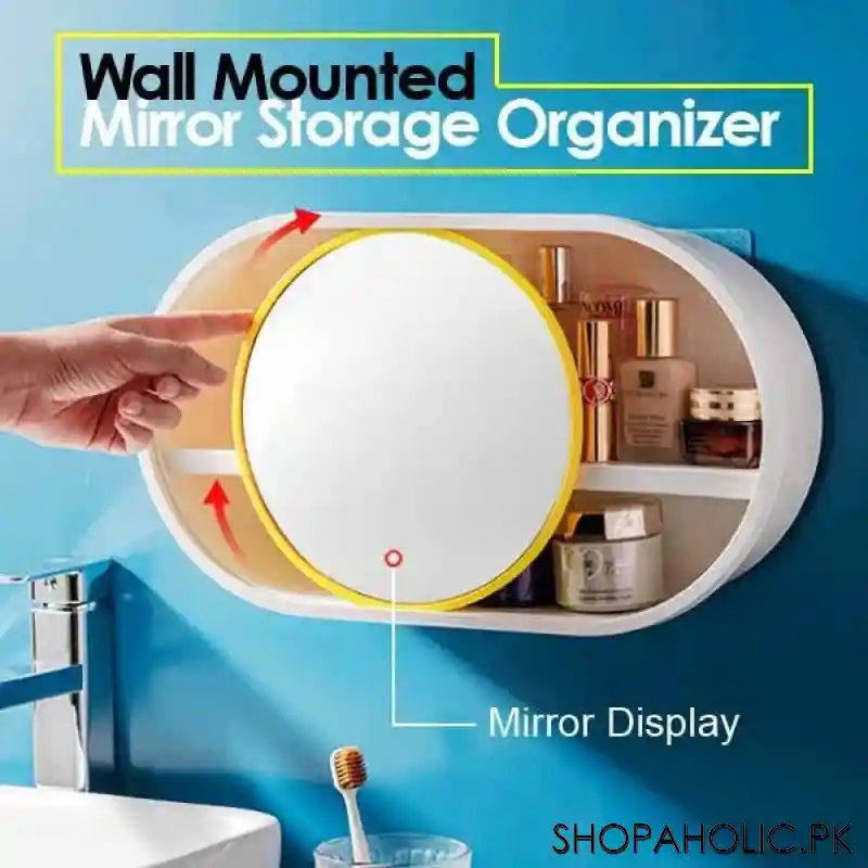 wall mounted cosmetic storage organizer with sliding mirror main image