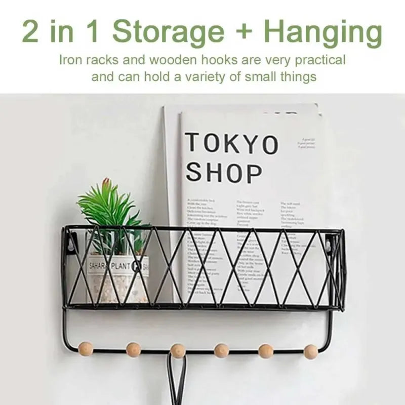 wall mounted metal wire storage rack with six hooks for kitchen and bathroom shelf organizer image4