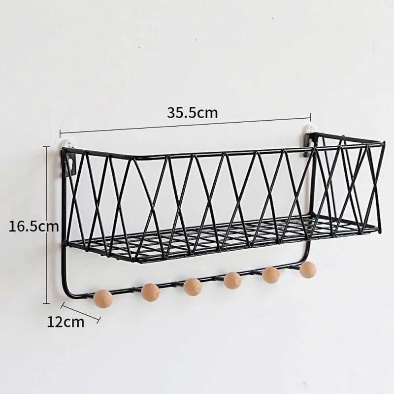 wall mounted metal wire storage rack with six hooks for kitchen and bathroom shelf organizer image6