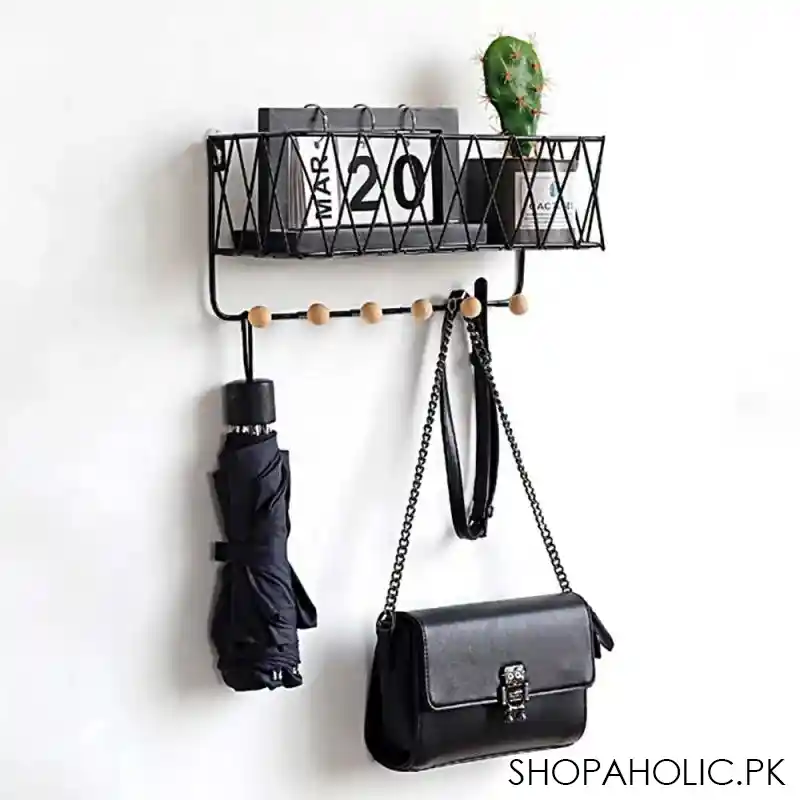 wall mounted metal wire storage rack with six hooks for kitchen and bathroom shelf organizer main image