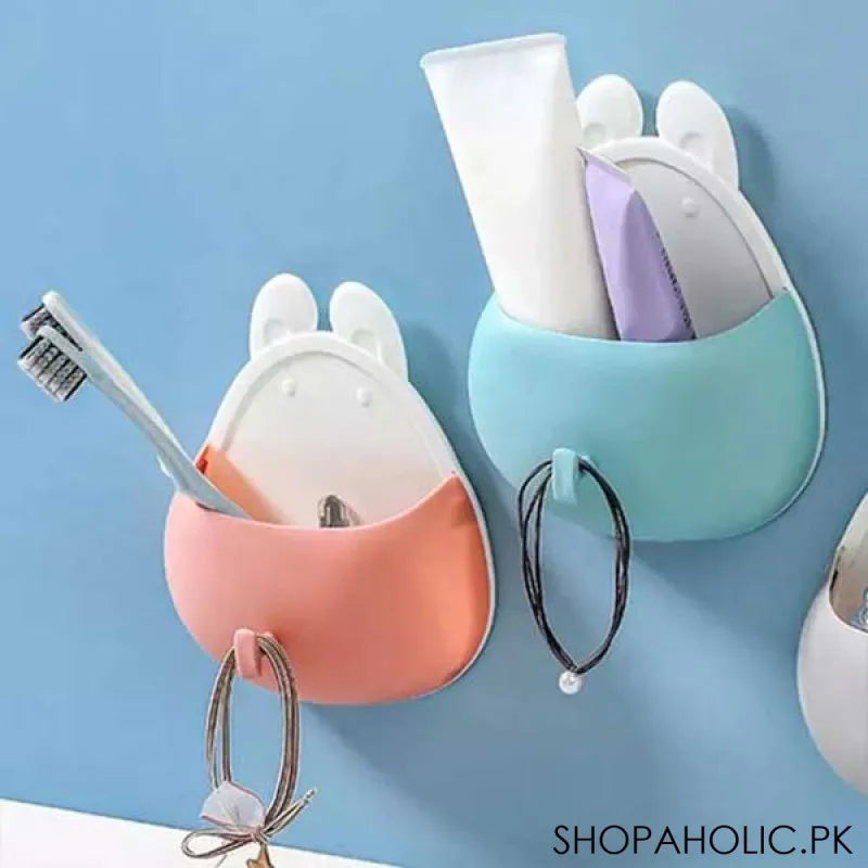 wall mounted rabbit shaped toothbrush holder drain storage shelf with hook image6