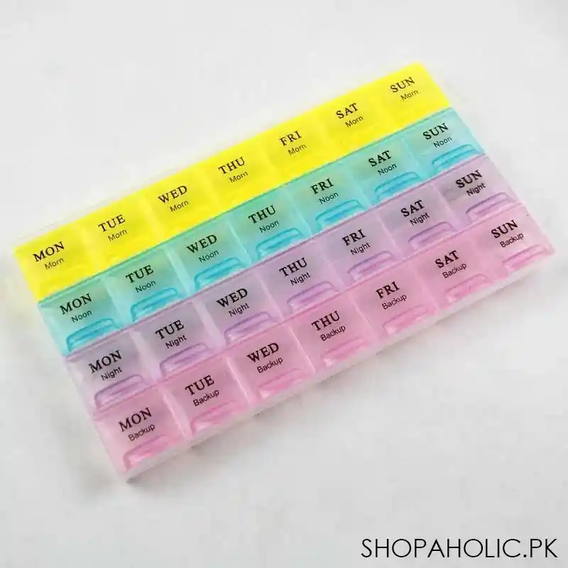 weekly pill organizer with 28 compartments (7days morning, 7days noon, 7days night, and 7days backup) main image