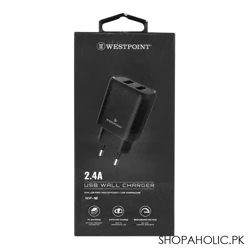 West Point 2.4A Dual USB Port Wall Charger, Black, WP-10 - Main Image