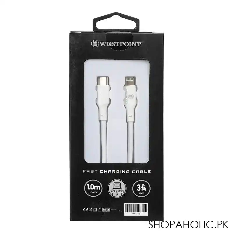 West Point 2.4A Lightening Fast Charging Cable, 1.0m Length, White, WP-312 - Image 3