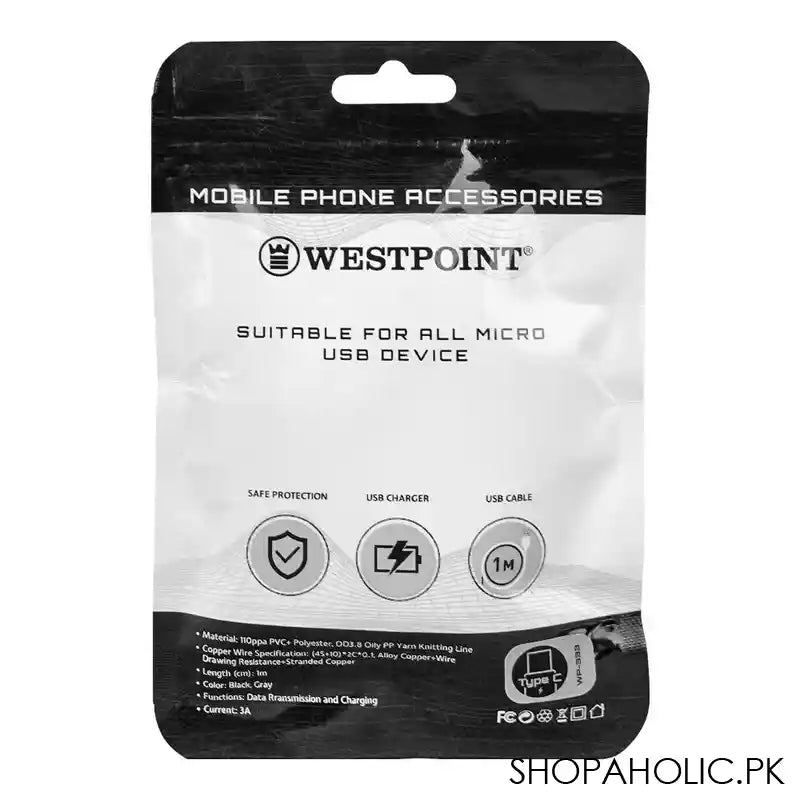 West Point Lightening Data Cable, 1m, Black & Grey, WP-333 - Image 3