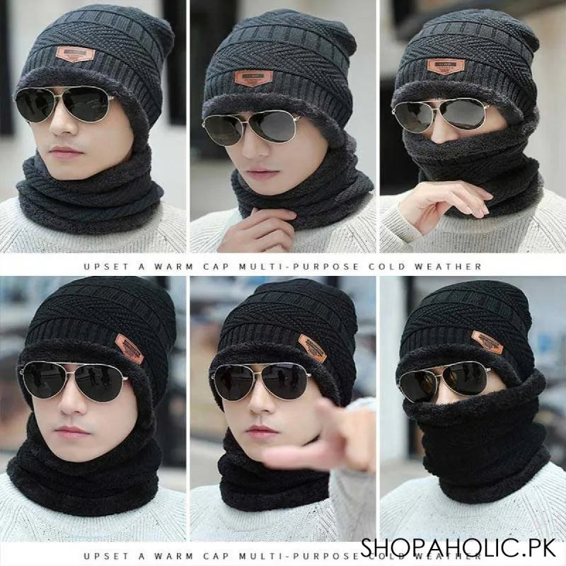 winter thick warm knit beanie hat cap + neck cover set for men and women image2