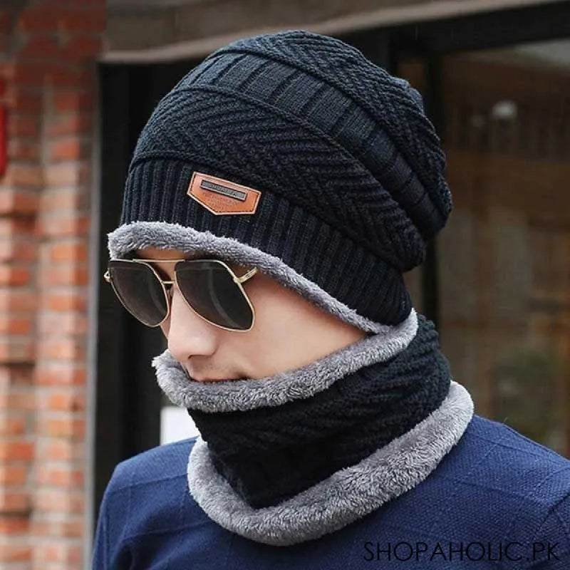 winter thick warm knit beanie hat cap + neck cover set for men and women image5