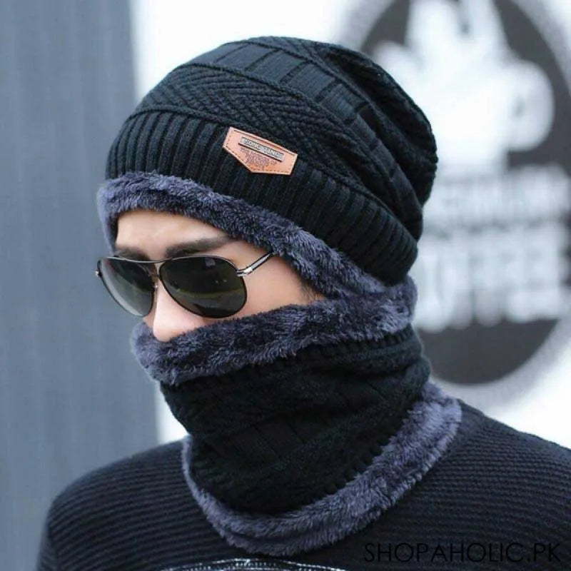 winter thick warm knit beanie hat cap + neck cover set for men and women image8