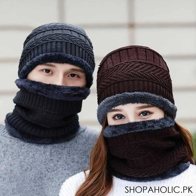 winter thick warm knit beanie hat cap + neck cover set for men and women image9