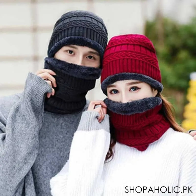 winter thick warm knit beanie hat cap + neck cover set for men and women main image