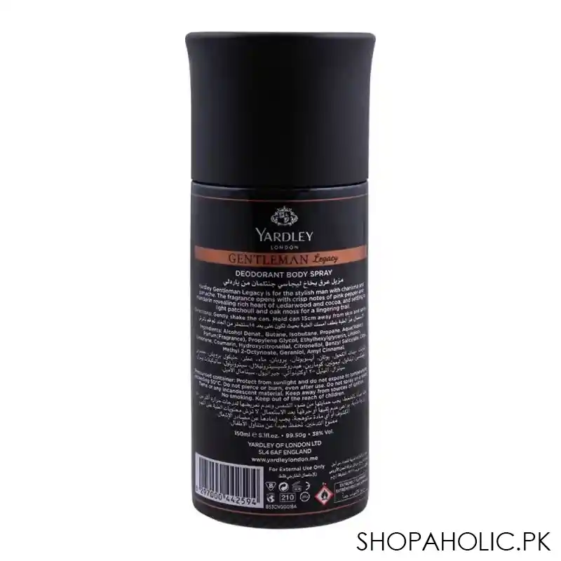 yardley gentleman legacy deodorant body spray, 150ml image2