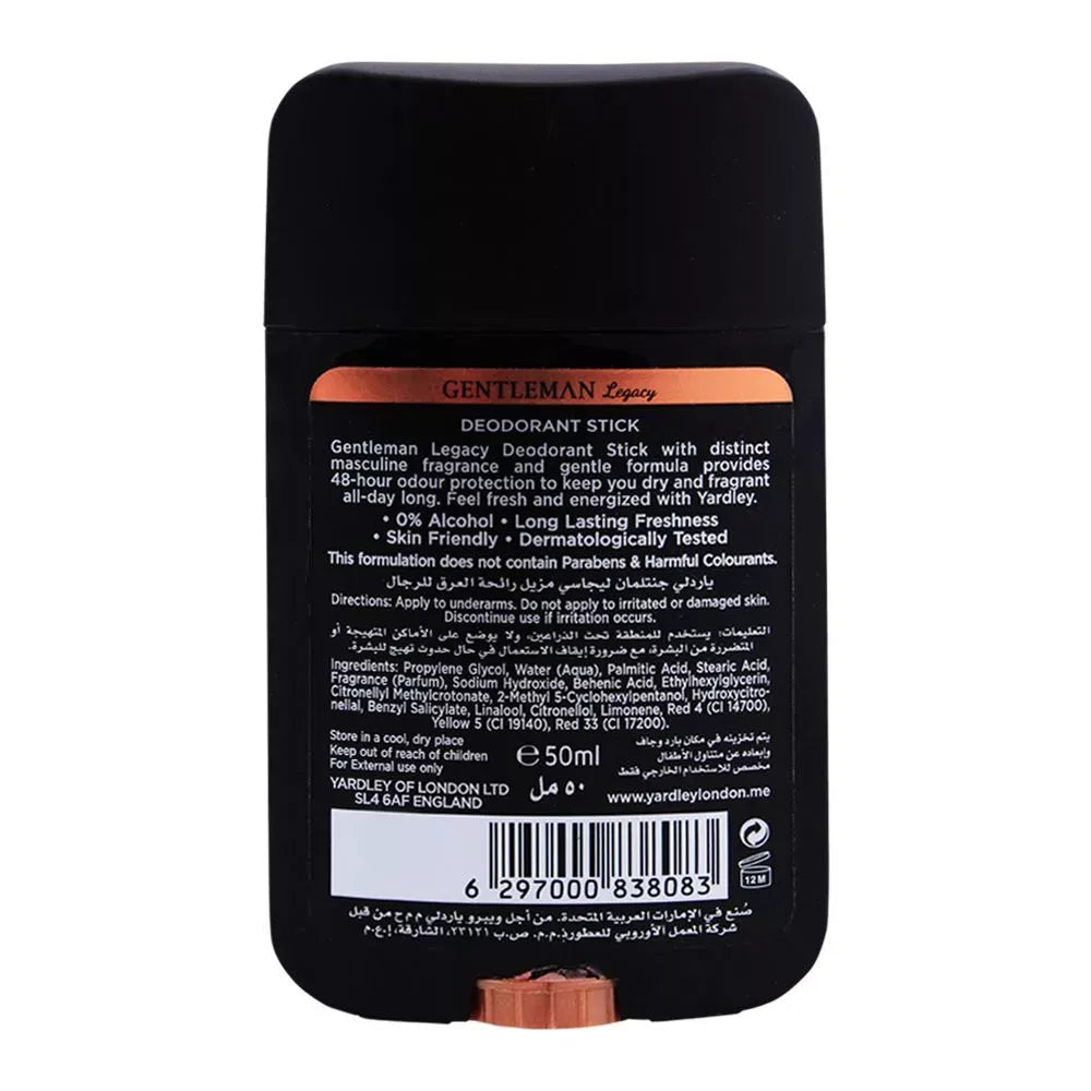 yardley gentleman legacy deodorant stick, 0% alcohol, 50ml image2